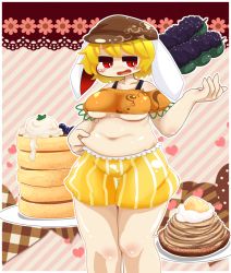 Rule 34 | 1girl, animal ears, belly grab, blonde hair, blueberry, blush, breasts, rabbit ears, cabbie hat, cake, cocked eyebrow, crop top, d:, dango, fat, floppy ears, food, fruit, hat, heart, medium breasts, muuei, navel, open mouth, pancake, plump, red eyes, ringo (touhou), shirt, short hair, short shorts, shorts, solo, thick thighs, thighs, touhou, underboob, undersized clothes, wagashi, whipped cream