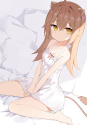 Rule 34 | animal ears, bare legs, bare shoulders, barefoot, bed, between legs, brown hair, cat ears, closed mouth, dress, hand between legs, highres, long hair, looking at viewer, pillow, rurudo lion, rurudo lion (1st costume), sitting, sundress, virtual youtuber, wariza, yellow eyes, zhiyou ruozhe