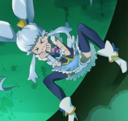 Rule 34 | &gt; &lt;, 10s, 1girl, blue hair, blue skirt, blue thighhighs, cure princess, closed eyes, happinesscharge precure!, haruyama kazunori, long hair, magical girl, precure, shirayuki hime, skirt, solo, squatting, thighhighs, twintails