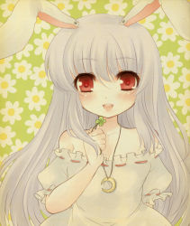 Rule 34 | 1girl, animal ears, bare shoulders, blush, rabbit ears, clover, cosplay, crescent moon, female focus, four-leaf clover, grey hair, inaba tewi, inaba tewi (cosplay), jewelry, jyako, long hair, moon, necklace, red eyes, reisen udongein inaba, solo, touhou