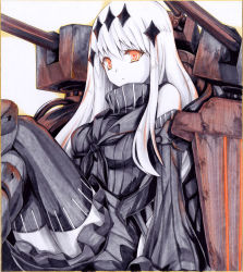 Rule 34 | 10s, 1girl, abyssal ship, aircraft carrier water oni, armor, armored boots, bad id, bad pixiv id, bare shoulders, black dress, black thighhighs, boots, breasts, cannon, colored skin, crossed legs, detached sleeves, dress, female focus, hair ornament, iroha (nullpo), kantai collection, knee boots, large breasts, long hair, mecha musume, orange eyes, ribbed dress, sailor dress, shikishi, short dress, sitting, solo, thighhighs, traditional media, turret, white hair, white skin, zettai ryouiki