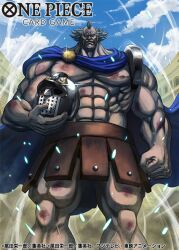 Rule 34 | 1boy, abs, beard, blue cloak, clenched hand, cloak, closed mouth, cloud, commentary request, copyright name, cowboy shot, facial hair, glint, grey hair, holding, holding mask, male focus, mask, muscular, muscular male, mustache, nagare seiya, official art, old, old man, one piece, one piece card game, riku dold iii, skirt, sky, solo, wind