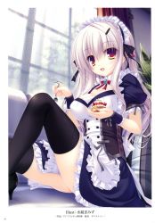 Rule 34 | 1girl, :d, absurdres, black thighhighs, breasts, brown eyes, cake, cleavage, cleavage cutout, clothing cutout, curtains, food, fork, grey hair, hairband, high heels, highres, knee up, large breasts, lolita hairband, mikagami mamizu, open mouth, sitting, smile, solo, thighhighs, window, wristband