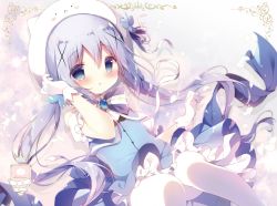 Rule 34 | 1girl, :o, arm up, blue dress, blue eyes, blue hair, blush, character hat, commentary request, detached sleeves, dress, dutch angle, gloves, gochuumon wa usagi desu ka?, hair between eyes, hat, kafuu chino, knees together feet apart, long hair, looking at viewer, pantyhose, parted lips, puffy short sleeves, puffy sleeves, shiratama (shiratamaco), short sleeves, solo, tippy (gochiusa), twintails, very long hair, white gloves, white hat, white pantyhose, white sleeves