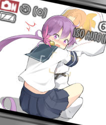 Rule 34 | 10s, 1girl, ^^^, akebono (kancolle), bell, blush, border, camera, camera lens, dakimakura (object), flower, from behind, hair bell, hair flower, hair ornament, hug, indian style, jingle bell, kagerou (kancolle), kantai collection, long hair, looking at viewer, max melon, hugging object, open mouth, pillow, pillow hug, pleated skirt, purple eyes, purple hair, school uniform, serafuku, side ponytail, simple background, sitting, skirt, solo, surprised, sweatdrop, very long hair