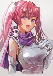 Rule 34 | 1girl, chil0107, fire emblem, fire emblem: the blazing blade, gloves, highres, long hair, nintendo, open mouth, pink hair, purple eyes, serra (fire emblem), simple background, solo, twintails, upper body, white gloves