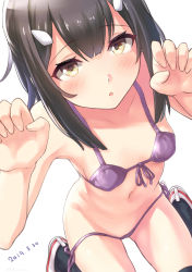 Rule 34 | 1girl, :o, absurdres, bare shoulders, bikini, black hair, black thighhighs, blush, breasts, claw pose, collarbone, commentary, dated, fate/kaleid liner prisma illya, fate (series), front-tie bikini top, front-tie top, hair between eyes, hair ornament, hairclip, hands up, highres, kii (fys-a), looking at viewer, medium hair, miyu edelfelt, navel, painttool sai (medium), purple bikini, shoes, side-tie bikini bottom, sidelocks, simple background, small breasts, solo, swimsuit, thighhighs, twitter username, untied bikini, white background, yellow eyes