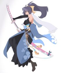 Rule 34 | 1girl, absurdres, azuumori, belt, blue kimono, boots, bow, breasts, brown belt, brown footwear, closed mouth, detached sleeves, dress, fingerless gloves, full body, gloves, grey hair, hair bow, high heel boots, high heels, highres, huge weapon, japanese clothes, katana, kimono, long dress, long sleeves, looking at viewer, medium breasts, obi, original, pleated dress, ponytail, red eyes, sash, scarf, sengoku basara, sheath, simple background, smile, solo, sword, tassel, unsheathing, v-shaped eyebrows, weapon, white background, white scarf, yellow bow