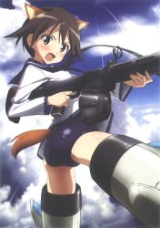 Rule 34 | 00s, 1girl, absurdres, animal ears, ass, blouse, blue neckerchief, blue one-piece swimsuit, clothing cutout, contrail, day, dog ears, dog tail, drum magazine, finger on trigger, from side, gun, highres, legs apart, machine gun, magazine (weapon), miyafuji yoshika, neckerchief, no pants, official art, one-piece swimsuit, outdoors, parted bangs, school swimsuit, school uniform, serafuku, shimada fumikane, shirt, solo, strike witches, striker unit, swimsuit, swimsuit under clothes, tail, tail through clothes, v-shaped eyebrows, weapon, white shirt, world witches series