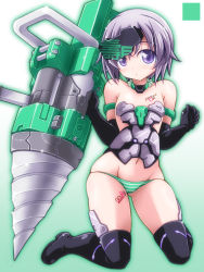 Rule 34 | 10s, 1girl, armlet, armor, bikini armor, black footwear, blue eyes, boots, bustier, character name, choker, closed mouth, copyright name, drill, elbow gloves, english text, frame arms girl, full body, gloves, gourai, green panties, headgear, highres, holding, holding weapon, huge weapon, kikuchi tsutomu, kneeling, looking at viewer, mecha musume, no pants, panties, short hair, silver hair, skindentation, solo, striped clothes, striped panties, thigh boots, thighhighs, underwear, w arms, weapon