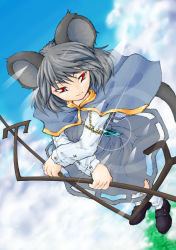 Rule 34 | 1girl, ajishion, animal ears, cloud, day, female focus, grey hair, jewelry, mouse ears, nazrin, outdoors, pendant, red eyes, short hair, sky, solo, tail, touhou
