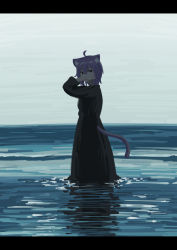 Rule 34 | 1girl, absurdres, black dress, black eyes, cat girl, cat tail, chun 1234567, dress, highres, hololive, letterboxed, nekomata okayu, outdoors, purple hair, short hair, solo, tail, virtual youtuber, wading