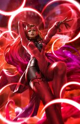 Rule 34 | 1girl, black bodysuit, bodysuit, boots, brown eyes, brown hair, dcwj, dress, highres, long hair, looking at viewer, magic, marvel, pelvic curtain, red dress, red footwear, red lips, scarlet witch, solo, thigh boots, wanda maximoff