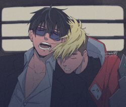Rule 34 | 2boys, artist name, black hair, black jacket, black shirt, blonde hair, blue-tinted eyewear, buchimake007, buttons, closed eyes, coat, collarbone, collared coat, collared shirt, commentary request, dated, dated commentary, drooling, earrings, glasses, grey shirt, hair between eyes, high collar, highres, jacket, jewelry, lapels, male focus, mole, mole under eye, multiple boys, nicholas d. wolfwood, open clothes, open collar, open jacket, open mouth, parted lips, rectangular eyewear, red coat, shirt, short hair, sleeping, teeth, tinted eyewear, tongue, trigun, trigun stampede, turtleneck, twitter username, undercut, upper body, vash the stampede, wing collar
