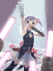 Rule 34 | 1girl, aharen-san wa hakarenai, aharen reina, arm up, belt, black thighhighs, black vest, blue ribbon, blurry, bow, brown belt, buttons, commentary request, from below, gloves, grey hair, hair bow, holding, holding microphone, idol, light stick, microphone, mizu asato, neck ribbon, open mouth, oversized clothes, pink bow, pleated skirt, ribbon, side ponytail, skirt, spotlight, sweatdrop, thighhighs, tongue, vest