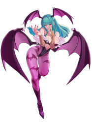 Rule 34 | 1girl, abs, absurdres, animal print, bat print, black footwear, black leotard, blunt bangs, boots, breasts, bridal gauntlets, capcom, clothing cutout, demon girl, fang, full body, green hair, head wings, heart, heart-shaped pupils, heart cutout, highres, kunimaki, large breasts, leotard, looking at viewer, morrigan aensland, open mouth, pantyhose, pink nails, print pantyhose, purple pantyhose, red eyes, simple background, smile, solo, strapless, strapless leotard, symbol-shaped pupils, vampire (game), white background, wings
