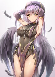 Rule 34 | 1girl, armpits, arms up, blush, bodystocking, breasts, closed mouth, covered navel, cowboy shot, detached sleeves, feathered wings, feathers, hat, highres, long sleeves, looking at viewer, medium breasts, original, purple hair, simple background, solo, standing, thighs, umou (may65879), wings, yellow eyes