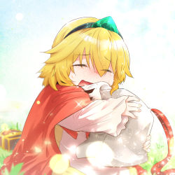 Rule 34 | 1girl, blonde hair, capelet, closed eyes, crossed bangs, crying, gem, green gemstone, guardian tales, hairband, helmet, highres, holding, kaho (amal135), little princess (guardian tales), open mouth, red capelet, short hair, tears