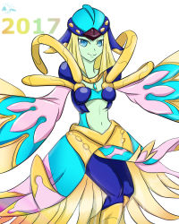 Rule 34 | 1girl, 2017, blonde hair, blue eyes, colored skin, duel monster, female focus, green skin, harpy, hat, jewelry, looking at viewer, lyrical luscinia assembly nightingale, midriff, monster girl, navel, pendant, simple background, solo, talons, wings, yu-gi-oh!, yu-gi-oh! duel monsters