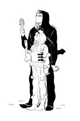 Rule 34 | 2boys, animal hood, antennae, arm at side, armor, dagger, dokuga, dorohedoro, drawstring, facial mark, food, full body, greyscale, hand up, height difference, holding, holding food, hood, hood up, hoodie, jacket, kai (dorohedoro), knife, long sleeves, looking away, looking up, male focus, monochrome, multiple boys, pants, popsicle, pouch, shoes, short hair, sibasumi, simple background, standing, weapon