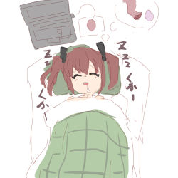 Rule 34 | 1girl, bad id, bad pixiv id, brown hair, character request, computer, dreaming, drooling, female pervert, futon, highres, infraton, laptop, long hair, original, pervert, sketch, sleeping, solo, thought bubble, twintails, zzz