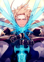 Rule 34 | 1boy, armor, blonde hair, blue eyes, cape, closed mouth, gauntlets, granblue fantasy, highres, holding, holding sword, holding weapon, male focus, multiple swords, seofon (granblue fantasy), short hair, smile, solo, sword, upper body, waldtrad, weapon, white cape