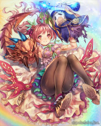 Rule 34 | 1girl, arm up, armpits, blush, bracelet, breasts, company name, dress, eikou no guardian battle, eyebrows, flask, flower, frilled dress, frills, from below, full body, hair flower, hair ornament, hand puppet, highres, jewelry, large breasts, long hair, looking at viewer, madogawa, multicolored eyes, official art, open mouth, pantyhose, pink eyes, pink hair, puppet, rainbow, ribbon, robe, sideboob, skirt, smile, solo, staff, sweat, tail, twintails, yellow eyes