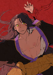 Rule 34 | 10s, 1boy, abs, androgynous, blush, brown hair, collarbone, eyeshadow, highres, holding another&#039;s wrist, japanese clothes, jirou tachi, kimono, long hair, looking at viewer, lying, makeup, male focus, nipples, obi, open clothes, out of frame, parted lips, partially colored, personification, red background, sash, simple background, solo focus, touken ranbu, traditional clothes, tsurime, upper body, very long hair, yang3, yellow eyes