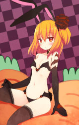 Rule 34 | 1girl, animal ears, bad id, bad pixiv id, black thighhighs, blonde hair, blush, carrot, elbow gloves, fictional persona, gloves, heart, kito (sorahate), navel, original, rabbit ears, rabbit tail, red eyes, self-portrait, solo, tail, thighhighs