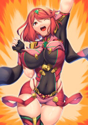 Rule 34 | 1girl, black gloves, breasts, chest jewel, earrings, fingerless gloves, gloves, highres, jewelry, large breasts, pyra (xenoblade), red eyes, red hair, red shorts, red thighhighs, short hair, short shorts, shorts, solo, swept bangs, thighhighs, tiara, xenoblade chronicles (series), xenoblade chronicles 2, yui sora