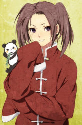 Rule 34 | axis powers hetalia, bad id, bad pixiv id, brown hair, china (hetalia), chinese clothes, grin, long sleeves, noro (king), oversized clothes, panda, purple eyes, smile, solo