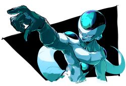 Rule 34 | 1boy, aqua theme, arm at side, black background, blue theme, commentary, dragon ball, dragonball z, evil, evil smile, frieza, glowing, glowing eyes, green theme, index finger raised, kokusoji, looking away, male focus, outstretched arm, outstretched hand, parted lips, pink eyes, shaded face, simple background, smile, solo, tail, teeth, twitter username, two-tone background, upper body, white background