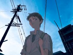 Rule 34 | 1boy, absurdres, backpack, bag, black hair, blue eyes, blue sky, collared shirt, day, highres, ikari shinji, looking to the side, male focus, matsuko (mrimri3), neon genesis evangelion, outdoors, parted lips, photo background, power lines, shirt, sky, solo, utility pole