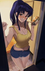 Rule 34 | 1girl, absurdres, arm support, armpits, bare arms, blue shorts, blush, breasts, can, cleavage, collarbone, commentary request, crop top, cutoffs, denim, denim shorts, doorway, drink, entrance, feet out of frame, from above, grin, highres, holding, holding drink, katsuragi misato, leg up, long hair, looking at viewer, medium breasts, midriff, nasubin (nasubisamurai15), navel, neon genesis evangelion, open fly, parted bangs, partial commentary, ponytail, purple eyes, purple hair, short shorts, shorts, sidelocks, smile, solo, standing, standing on one leg, strap slip, tank top, teeth, thigh gap, thighs, tile floor, tiles, wooden floor, yellow tank top