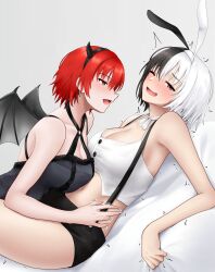 Rule 34 | 2girls, ;d, animal ears, azur lane, bare arms, bare shoulders, black hair, black hairband, blush, breasts, bruenhilde (azur lane), camisole, choker, cleavage, commentary request, criss-cross halter, crop top, fake animal ears, fake horns, fake wings, grey background, hairband, halterneck, highres, horns, jakqbigone, large breasts, midriff, multicolored hair, multiple girls, navel, one eye closed, open mouth, purple eyes, red hair, short hair, smile, spaghetti strap, stomach, suspenders, two-tone hair, weser (azur lane), white choker, white hair, wings