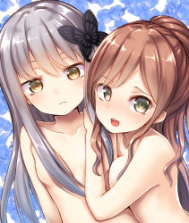 Rule 34 | 10s, 2girls, bang dream!, blush, breasts, brown hair, butterfly hair ornament, commentary request, convenient censoring, frown, getsuyou yasumi, green eyes, grey hair, hair censor, hair ornament, hair over breasts, half updo, hand on another&#039;s shoulder, highres, imai lisa, long hair, looking at viewer, minato yukina, multiple girls, nude, open mouth, petals, small breasts, upper body, yellow eyes
