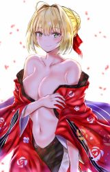 Rule 34 | 10s, 1girl, absurdres, ahoge, arm at side, bad id, bad pixiv id, blonde hair, breasts, cleavage, closed mouth, collarbone, cowboy shot, fary5, fate/extra, fate (series), floral print, green eyes, hair bun, hair intakes, hair ribbon, highres, japanese clothes, kimono, large breasts, long sleeves, looking at viewer, medium breasts, motion blur, navel, nero claudius (fate), nero claudius (fate) (all), nero claudius (fate/extra), off shoulder, official alternate costume, open clothes, open kimono, petals, print kimono, red kimono, red ribbon, ribbon, ribbon trim, simple background, single hair bun, smile, solo, standing, white background, wide sleeves