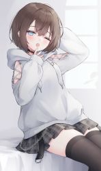 Rule 34 | 1girl, ;o, absurdres, arm behind head, arm up, black thighhighs, blue eyes, blush, bob cut, commentary request, drawstring, feet out of frame, grey hoodie, grey skirt, hair between eyes, hand up, highres, hood, hood down, hoodie, long sleeves, looking at viewer, one eye closed, open mouth, original, plaid, plaid skirt, pleated skirt, puffy long sleeves, puffy sleeves, shano hiyori, skirt, sleeves past wrists, solo, thighhighs, window, yawning