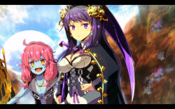 Rule 34 | 2girls, :d, blue skin, breasts, colored skin, corset, day, etrian odyssey, flat chest, goth fashion, hand on own hip, large breasts, long sleeves, looking at viewer, mizuchaya youkan, multiple girls, open mouth, outdoors, pink hair, purple eyes, purple hair, purple ribbon, ribbon, riri (sekaiju), scythe, sekaiju no meikyuu, sekaiju no meikyuu 5, smile, sororu, underboob, upper body, yellow eyes
