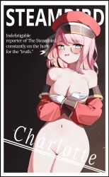 Rule 34 | 1girl, black background, blush, border, breasts, cabbie hat, censored, censored by text, character name, charlotte (genshin impact), cleft of venus, collarbone, cover, covering breasts, covering privates, cowboy shot, dutch angle, embarrassed, english text, genshin impact, gloves, hat, hat ribbon, highres, jambujok, medium breasts, medium hair, monocle, navel, nipple slip, nipples, nude, open mouth, pink hair, puffy sleeves, pussy, pussy peek, red hat, red sleeves, ribbon, solo, white border, white gloves