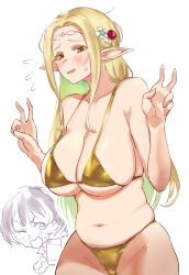 Rule 34 | 2girls, absurdres, bare shoulders, belly, bikini, blonde hair, blush, braid, breasts, cellphone, circlet, cleavage, collarbone, cowboy shot, double v, edomae elf, eldali ilma fanomenel, elf, embarrassed, flower, flying sweatdrops, gold bikini, green hair, hair flower, hair ornament, hands up, highres, holding, holding phone, huge breasts, koganei koito, large breasts, long hair, looking at viewer, multicolored hair, multiple girls, navel, negresco, one eye closed, open mouth, orange eyes, phone, plump, pointy ears, short hair, sidelocks, simple background, skindentation, smartphone, solo focus, stomach, string bikini, sweat, sweatdrop, swimsuit, taking picture, thighs, v, very long hair, white background, white flower