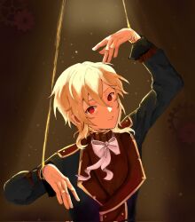 Rule 34 | 1boy, black jacket, blonde hair, bow, ensemble stars!, frown, gears, highres, jacket, long sleeves, looking at viewer, male focus, medium hair, nito nazuna, official alternate costume, puppet strings, red eyes, red shirt, reminiscence marionette (ensemble stars!), shirt, solo, stage lights, teeth, vrmnyam, white bow