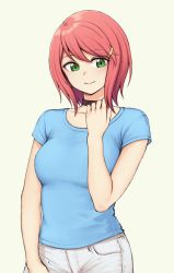 Rule 34 | 1girl, arm up, blue shirt, borrowed character, breasts, collar, commentary, cowboy shot, daily life of dia, denim, dia (daily life of dia), english commentary, green eyes, hair ornament, hairclip, highres, jeans, medium hair, pants, pas (paxiti), red hair, shirt, simple background, small breasts, solo, t-shirt