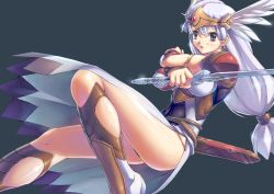 Rule 34 | 1girl, armor, blue eyes, blue hair, boots, earrings, gauntlets, hair ornament, holding, jewelry, knee boots, long hair, open mouth, original, side slit, simple background, solo, sword, uchiu kazuma, valkyrie, weapon