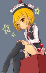 Rule 34 | 1girl, black skirt, black thighhighs, blonde hair, crescent, grey background, hat, highres, inon, long sleeves, lunasa prismriver, no shoes, short hair, sitting, skirt, solo, star (symbol), thighhighs, thighs, touhou, yellow eyes