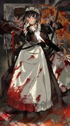 Rule 34 | 1boy, 2girls, absurdres, apron, ascot, black ascot, black dress, blood, blood on clothes, blood on ground, broom, brown hair, dress, full body, gregor (project moon), hamelon310, highres, holding, holding broom, holding knife, ishmael (project moon), juliet sleeves, knife, limbus company, long hair, long sleeves, low ponytail, maid, maid headdress, multiple girls, ootachi, orange hair, project moon, puffy sleeves, rapier, ryoshu (project moon), standing, sword, weapon, white apron