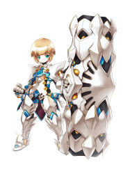 Rule 34 | 1boy, armor, blackjd83, blonde hair, cannon, chung seiker, elsword, expressionless, full body, gauntlets, gloves, greaves, green eyes, guardian (elsword), hair flaps, huge weapon, male focus, necktie, official art, solo, standing, weapon, white background