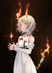 Rule 34 | 1girl, absurdres, bare shoulders, breasts, collar, dress, elbow gloves, fiery horns, fiery tail, gloves, grey hair, highres, horns, long hair, looking at viewer, luren dog, monster girl, pointy ears, red eyes, small breasts, solo, tail, white dress