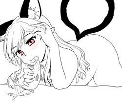 Rule 34 | 1girl, animal ears, bad id, bad pixiv id, cat ears, cat tail, fish, isaki (gomi), kaenbyou rin, long hair, monochrome, multiple tails, nude, pointy ears, red eyes, sexually suggestive, spot color, tail, touhou