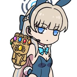 Rule 34 | 1girl, animal ears, avengers: infinity war, avengers (series), blonde hair, blue archive, blue eyes, blue leotard, bow, bowtie, braid, clenched hand, detached collar, earpiece, fake animal ears, fake tail, hair bow, halo, hand up, highleg, highleg leotard, highres, infinity gauntlet, infinity gems, leotard, long hair, looking at viewer, marvel, marvel cinematic universe, official alternate costume, playboy bunny, rabbit ears, tail, toki (blue archive), toki (bunny) (blue archive), washin, white background